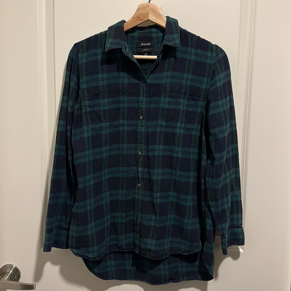 Madewell Navy and Green Flannel Button Down Shirt - Size Small